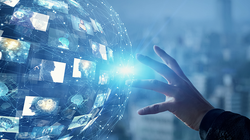 Hand gesturing at a floating web of images