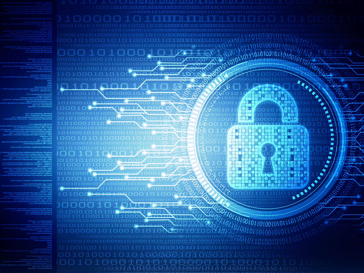 Lock icon floating over blue background with abstract digital network imagery surrounding it