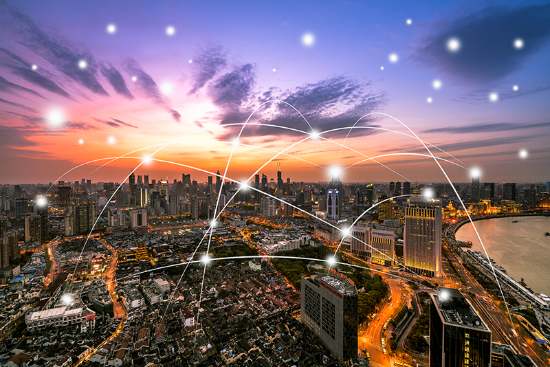 City view with connection lines